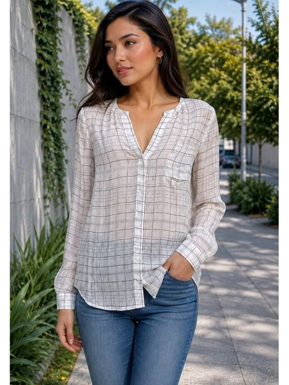Joie Women's Top Size S Check White/gray Chiffon Sheer Button Up Blouse #CC